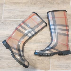 Burberry Tall Rain Boots Signature Plaid with Black Leather Upper Trim